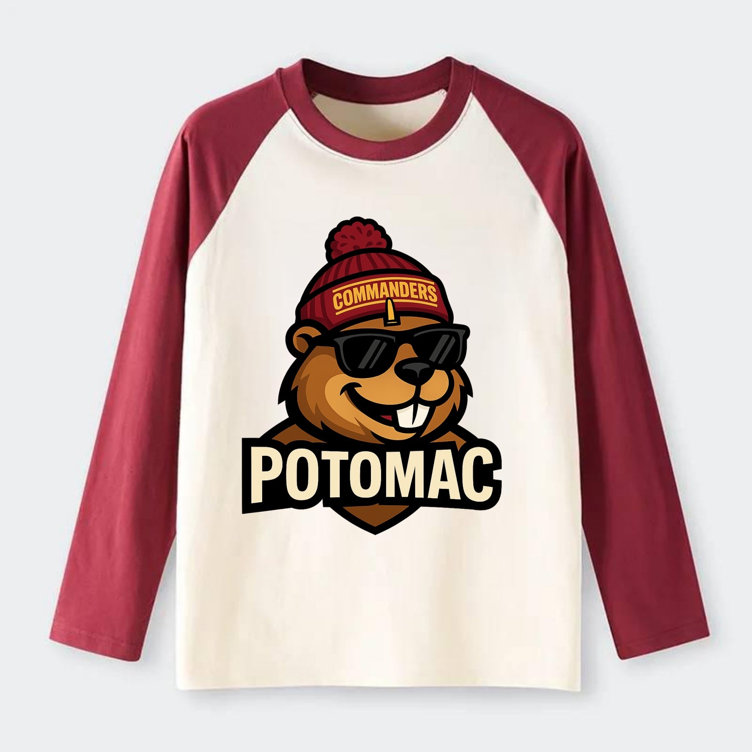 Potomac Beaver wearing Commanders beanie with monument patch and - Raglan Long Sleeve T-Shirt - Red