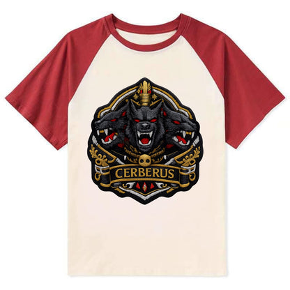 CERBERUS THREE HEADS - triple hound in black and red , underworld - Contrast Raglan T-shirt - Red
