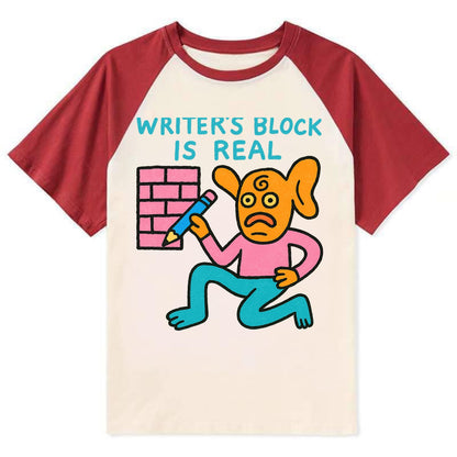WRITERS BLOCK IS REAL | Brick wall with pencil - Contrast Raglan T-shirt - Red
