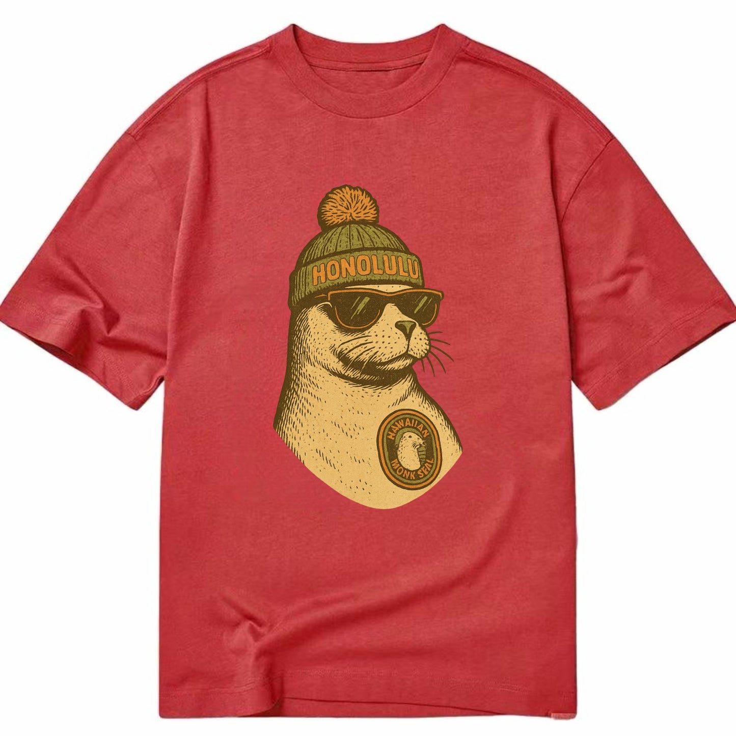 Hawaii Monk Seal wearing Honolulu beanie with pom pom and wayfarer sunglasses - Classic T-shirt - Red