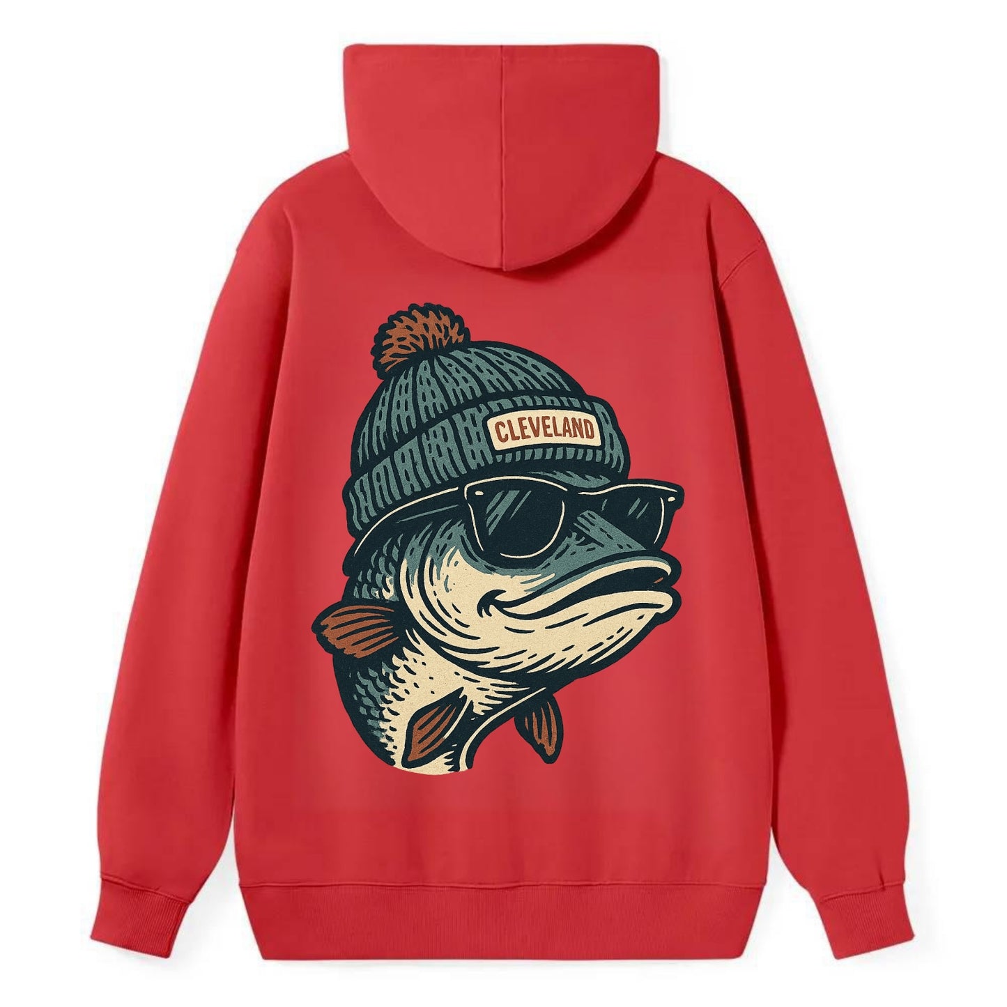 Cleveland Lake Erie Walleye wearing Cleveland beanie with pom pom and - Classic Pullover Hoodie - Red