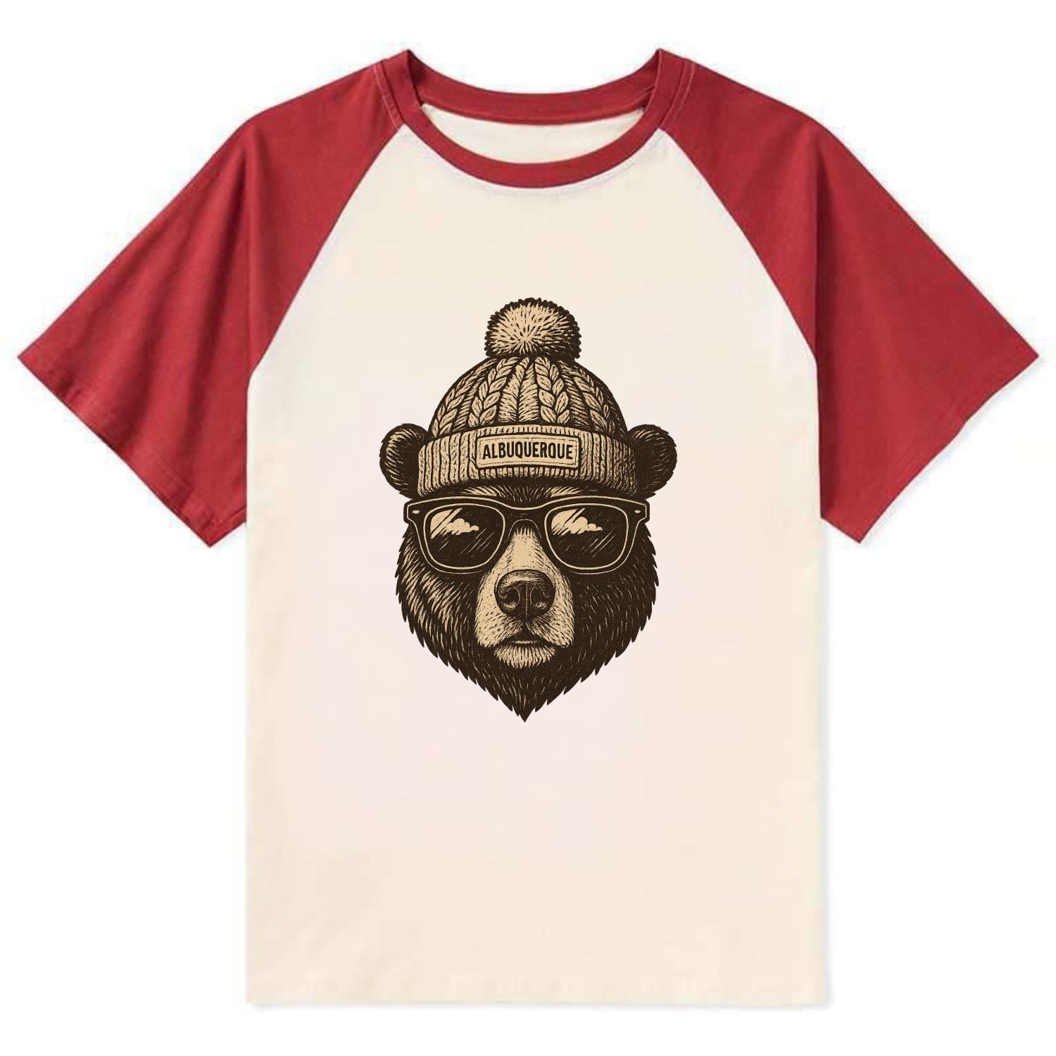 New Mexico Black Bear wearing Albuquerque beanie with pom pom and - Contrast Raglan T-shirt - Red