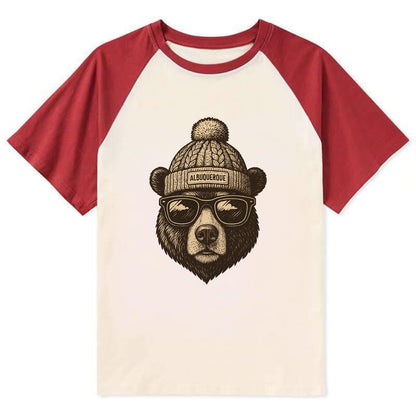 New Mexico Black Bear wearing Albuquerque beanie with pom pom and - Contrast Raglan T-shirt - Red