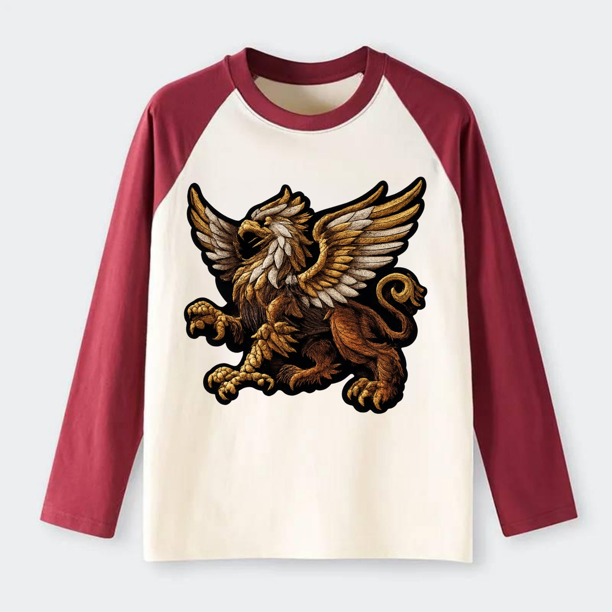 GRIFFIN BEAST - lion eagle hybrid in gold and brown , heraldic - Raglan Long Sleeve T-Shirt - Red