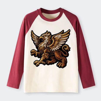 GRIFFIN BEAST - lion eagle hybrid in gold and brown , heraldic - Raglan Long Sleeve T-Shirt - Red