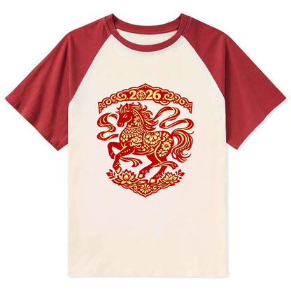 DANCING HORSE | Elegant prancing horse in motion | Graceful curved pose | - Contrast Raglan T-shirt - Red