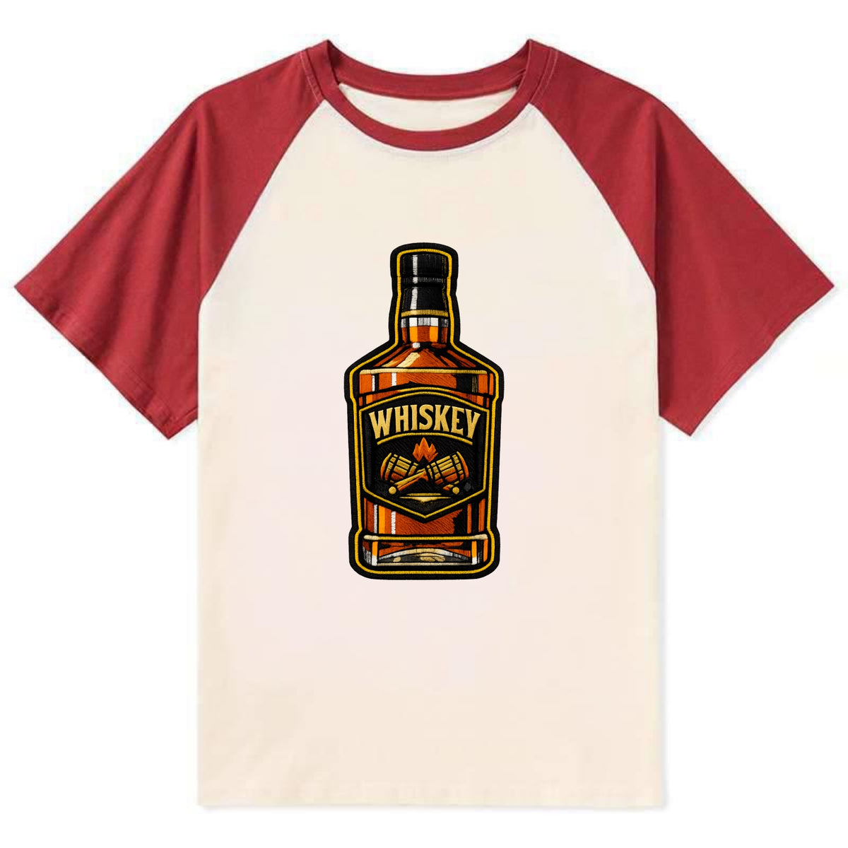 WHISKEY BOTTLE - bourbon bottle in amber and gold , spirits connoisseur - Contrast Raglan T-shirt - Red