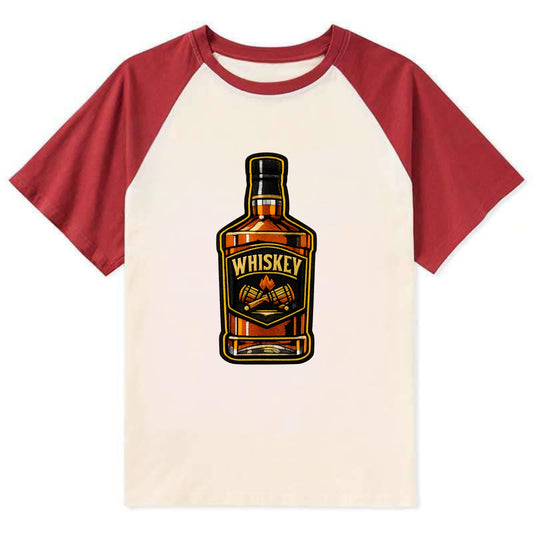 WHISKEY BOTTLE - bourbon bottle in amber and gold , spirits connoisseur - Contrast Raglan T-shirt - Red