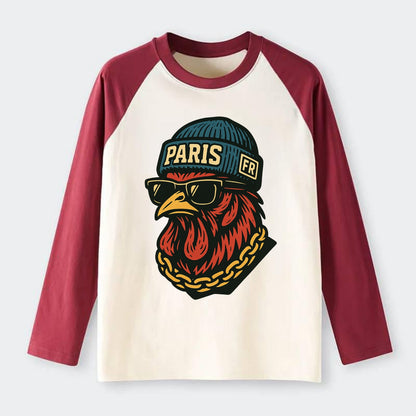 Paris Rooster - Raglan Long Sleeve T-Shirt - Red