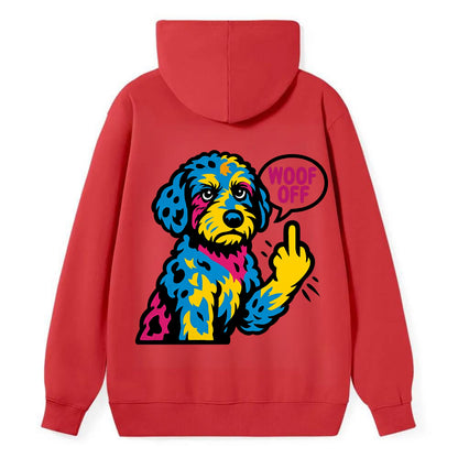 Aussiedoodle with merle patches and curly coat, playful smart paw raised - Classic Pullover Hoodie - Red