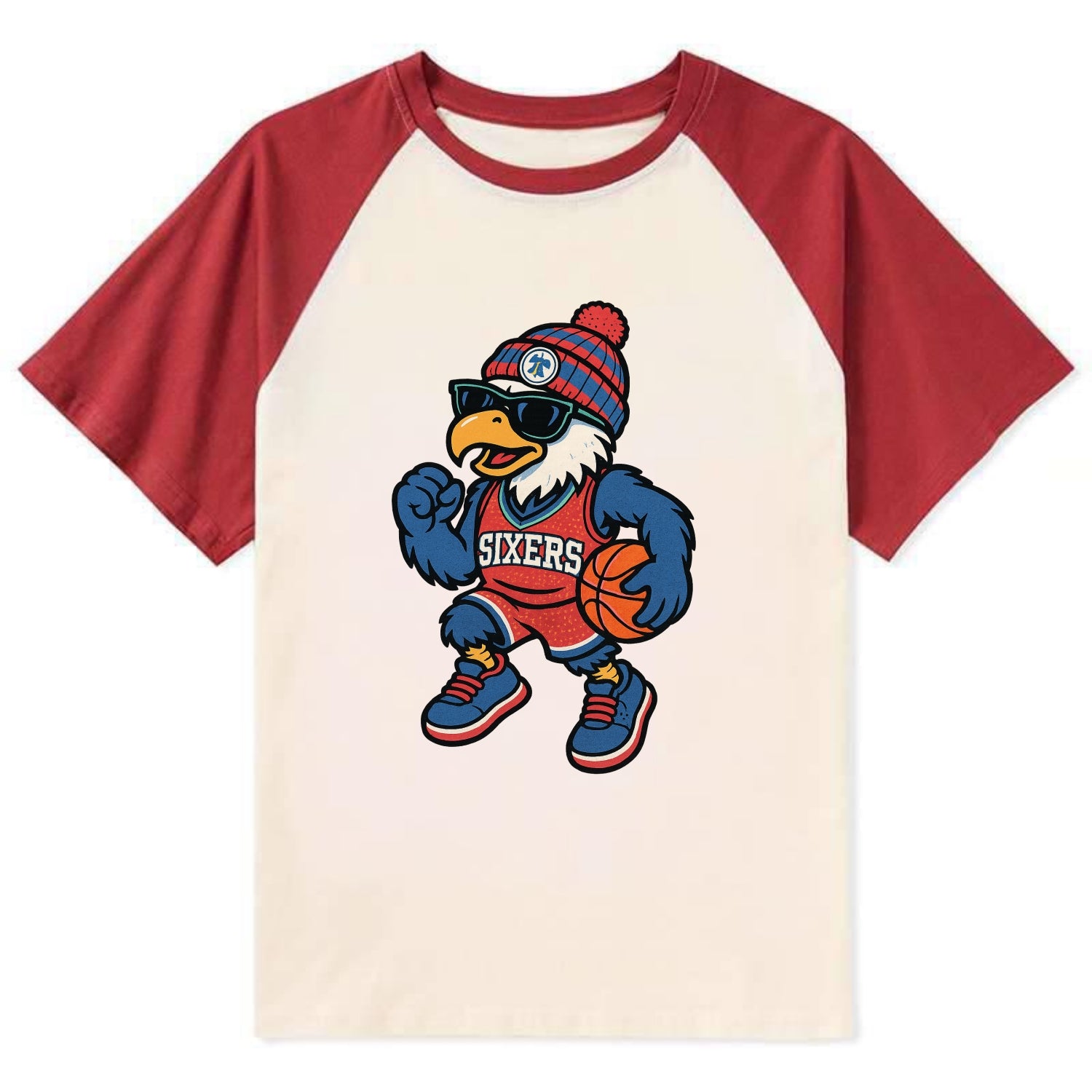 Philadelphia Eagle wearing 76ers red white and blue beanie with bell - Contrast Raglan T-shirt - Red