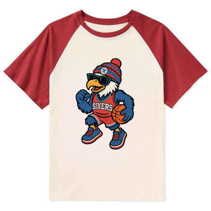 Philadelphia Eagle wearing 76ers red white and blue beanie with bell - Contrast Raglan T-shirt - Red