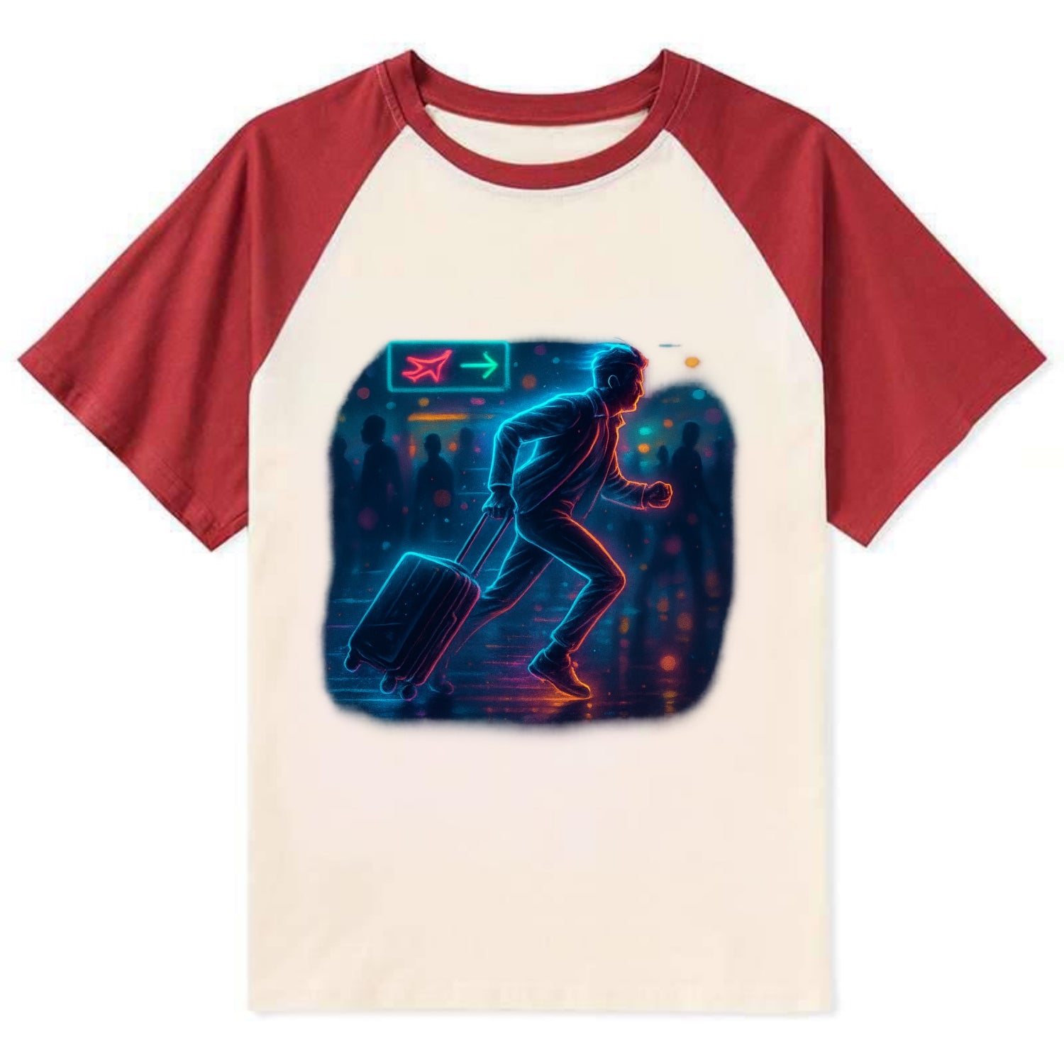 person running with luggage through crowded airport terminal - Contrast Raglan T-shirt - Red
