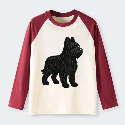 Briard - Black wavy coat embroidered herding pose - Raglan Long Sleeve T-Shirt - Red