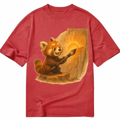 Red panda painting a sunrise mural with an oversized calligraphy brush on a cliff - Classic T-shirt - Red