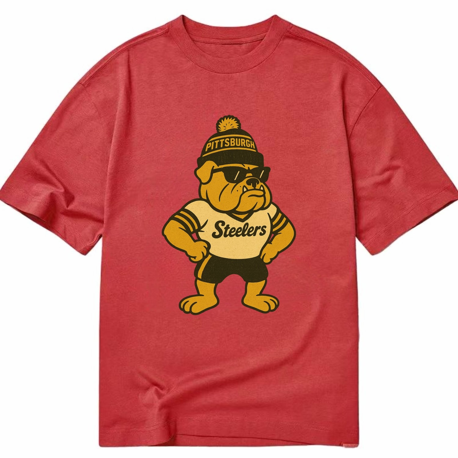 Pittsburgh Bulldog wearing Steelers black and gold beanie with pom pom and - Classic T-shirt - Red