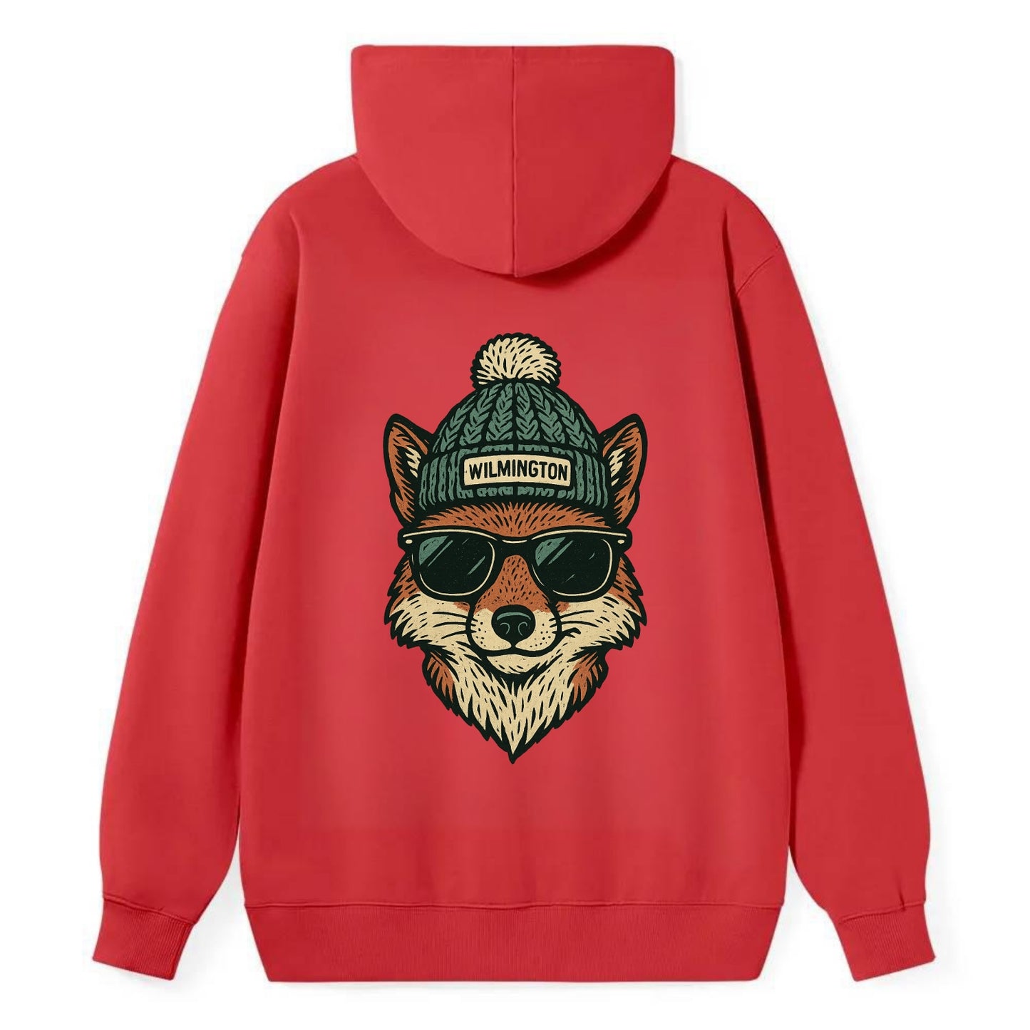 Delaware Gray Fox wearing Wilmington beanie with pom pom and wayfarer - Classic Pullover Hoodie - Red