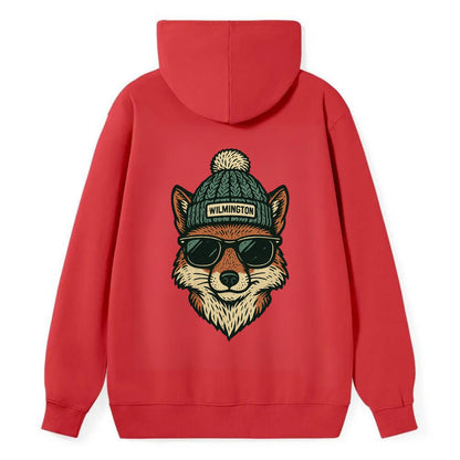 Delaware Gray Fox wearing Wilmington beanie with pom pom and wayfarer - Classic Pullover Hoodie - Red