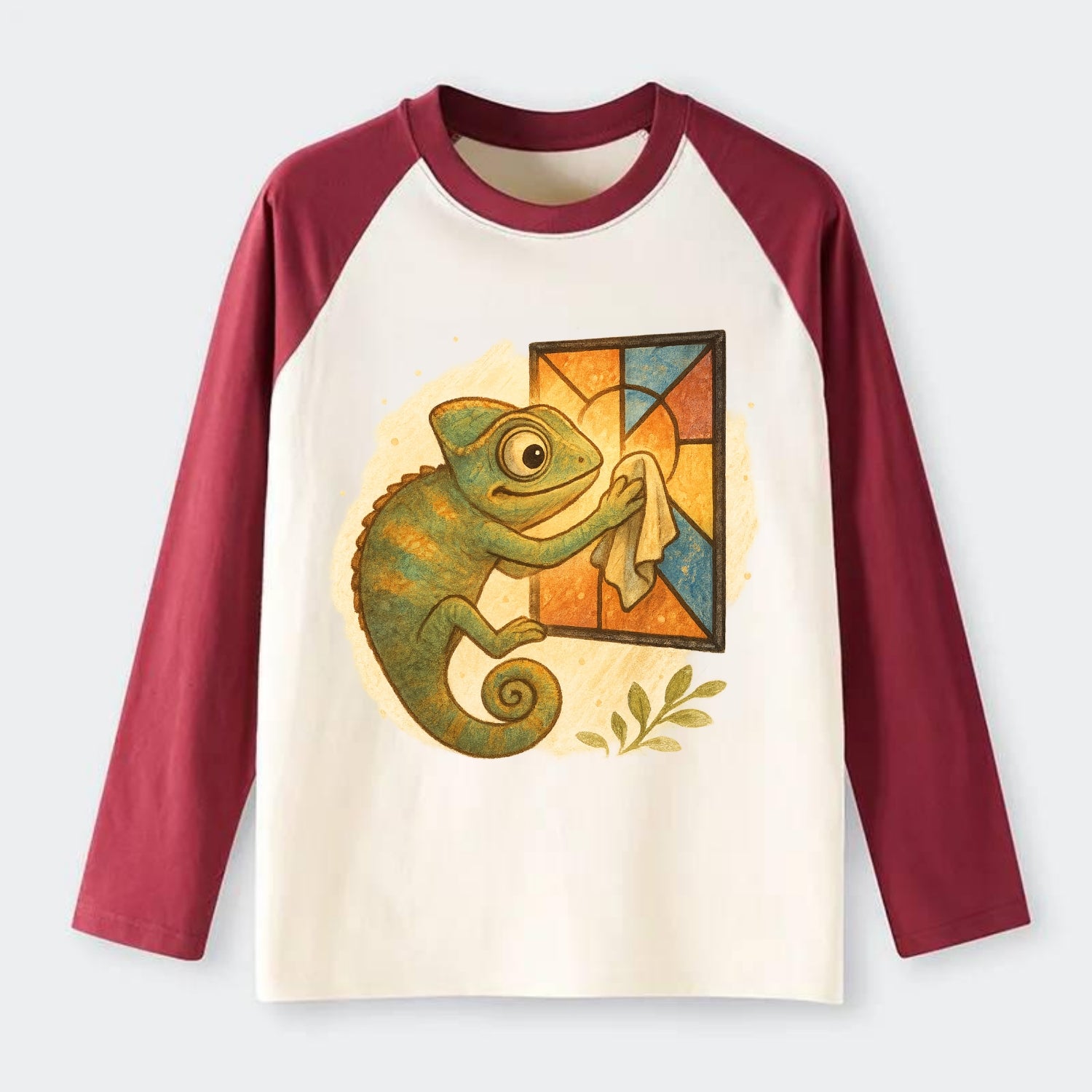 Chameleon blending into a stained-glass window it is polishing with - Raglan Long Sleeve T-Shirt - Red