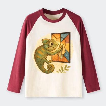 Chameleon blending into a stained-glass window it is polishing with - Raglan Long Sleeve T-Shirt - Red