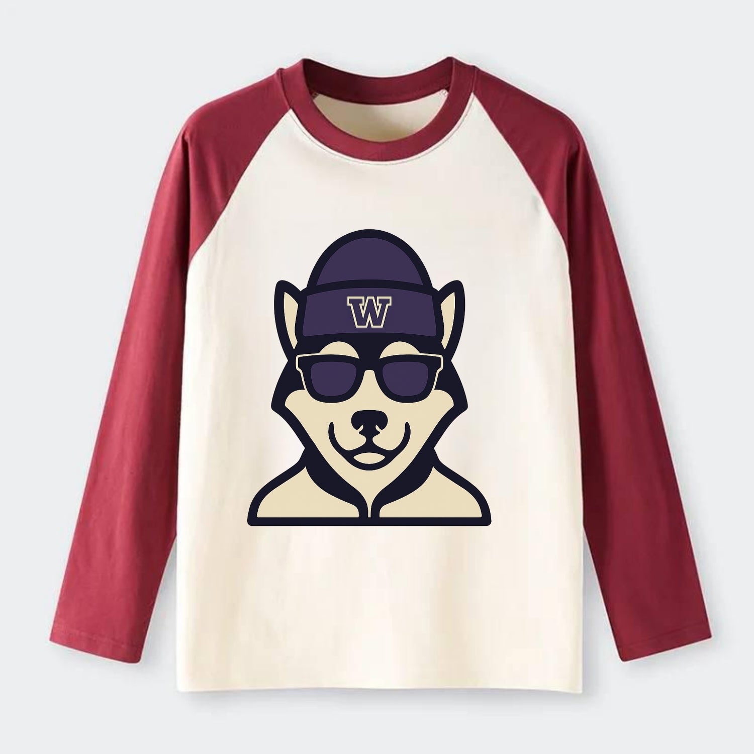 Seattle Husky wearing Washington beanie with W patch - Raglan Long Sleeve T-Shirt - Red