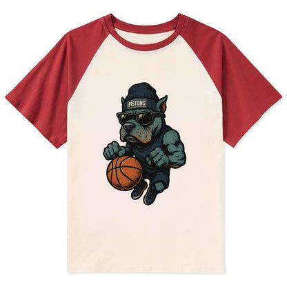 Detroit Pitbull wearing Pistons beanie with chrome patch and wayfarer - Contrast Raglan T-shirt - Red