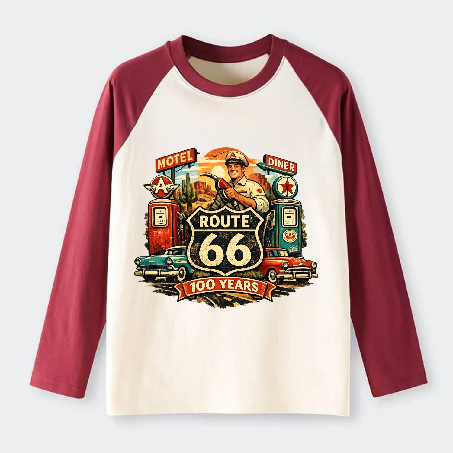 FILL ER UP | Vintage gas pumps | Flying A or Texaco style | Service - Raglan Long Sleeve T-Shirt - Red