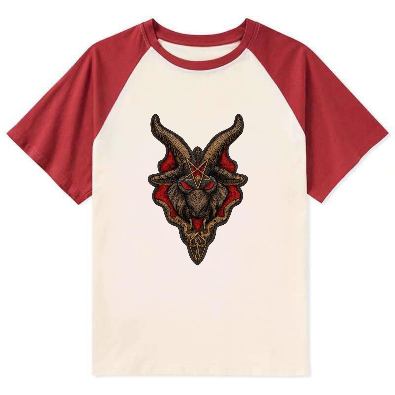 BAPHOMET HEAD - goat head symbol in black and red , occult - Contrast Raglan T-shirt - Red
