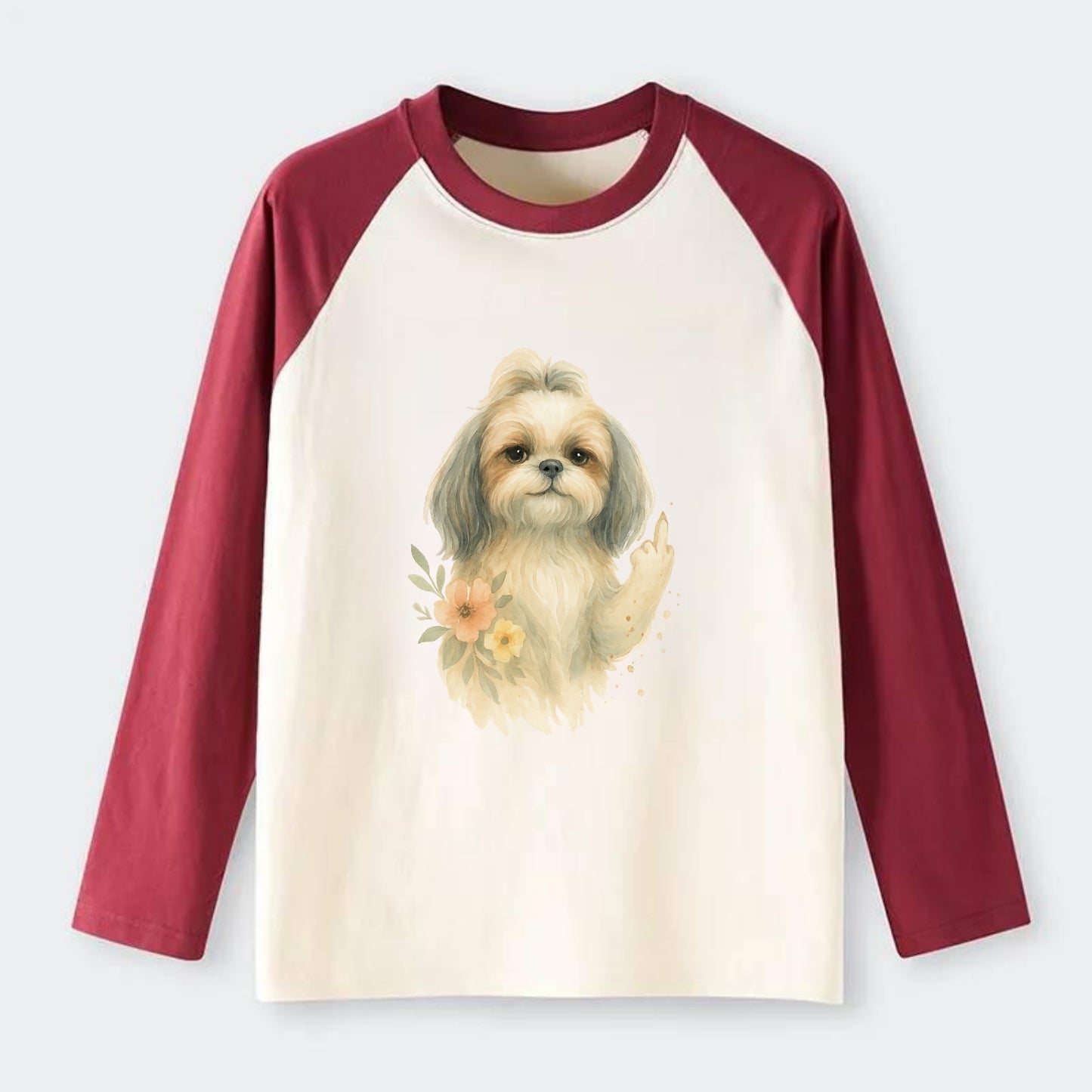 Shih Tzu with long flowing silky hair, tiny paw showing attitude - Raglan Long Sleeve T-Shirt - Red
