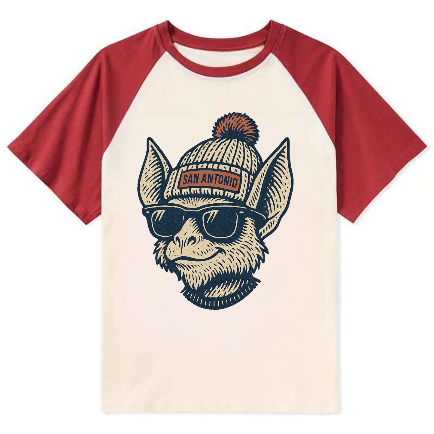 San Antonio Bat wearing San Antonio beanie with pom pom and wayfarer - Contrast Raglan T-shirt - Red