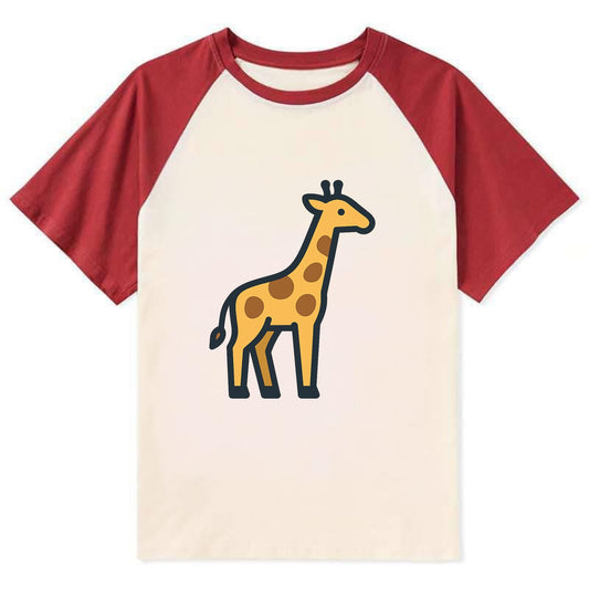 Giraffe - Yellow with brown patches flat side profile - Contrast Raglan T-shirt - Red