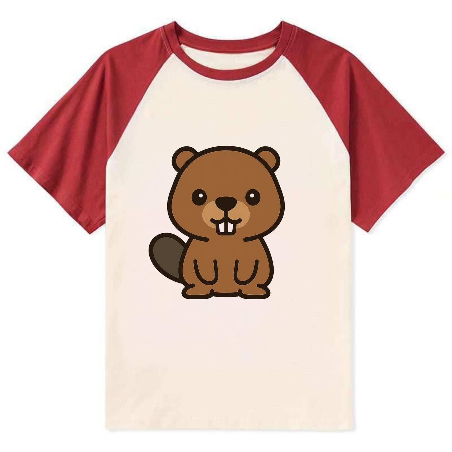 Baby Beaver - brown fur, paddle tail, buck teeth, friendly eyes, - Contrast Raglan T-shirt - Red