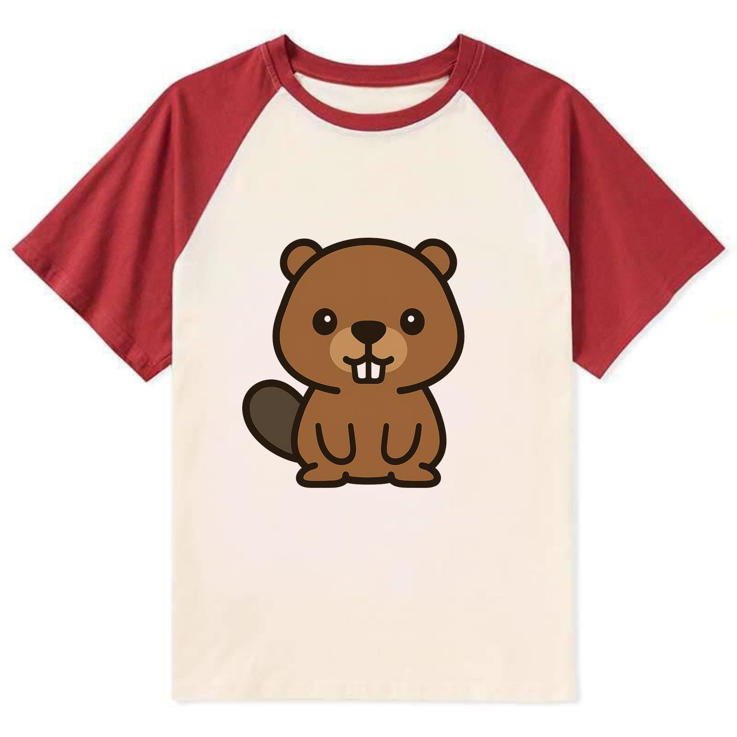 Baby Beaver - brown fur, paddle tail, buck teeth, friendly eyes, - Contrast Raglan T-shirt - Red