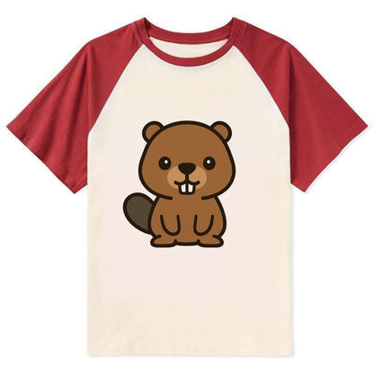 Baby Beaver - brown fur, paddle tail, buck teeth, friendly eyes, - Contrast Raglan T-shirt - Red