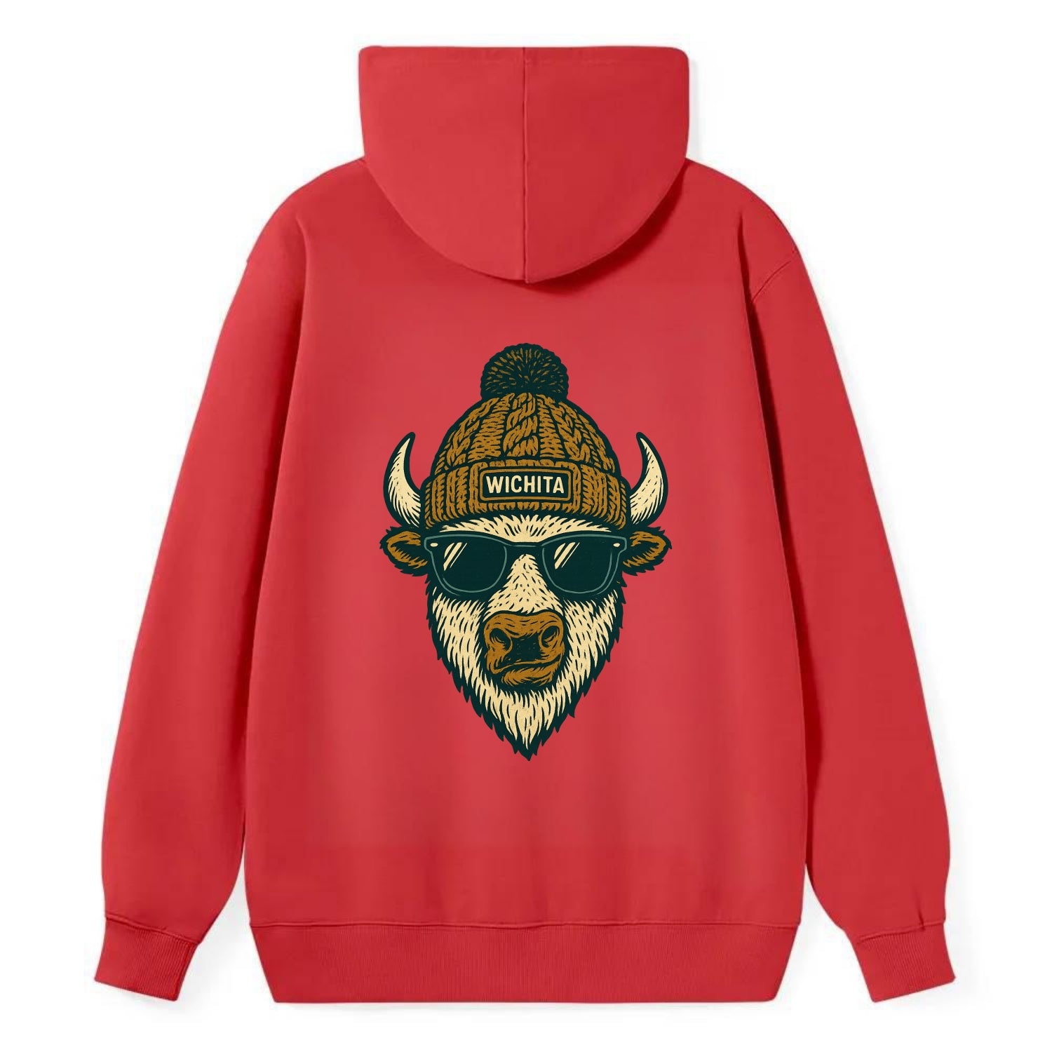 Kansas American Bison wearing Wichita beanie with pom pom and wayfarer - Classic Pullover Hoodie - Red