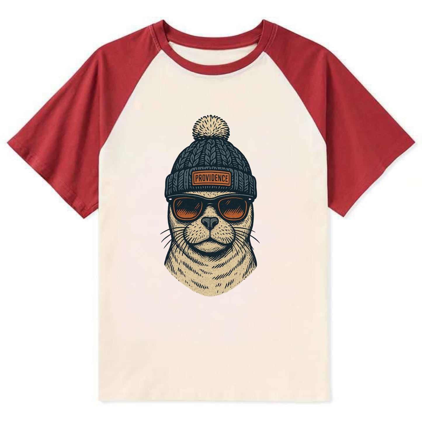 Rhode Island Harbor Seal wearing Providence beanie with pom pom and - Contrast Raglan T-shirt - Red