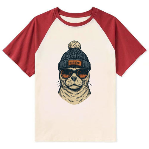 Rhode Island Harbor Seal wearing Providence beanie with pom pom and - Contrast Raglan T-shirt