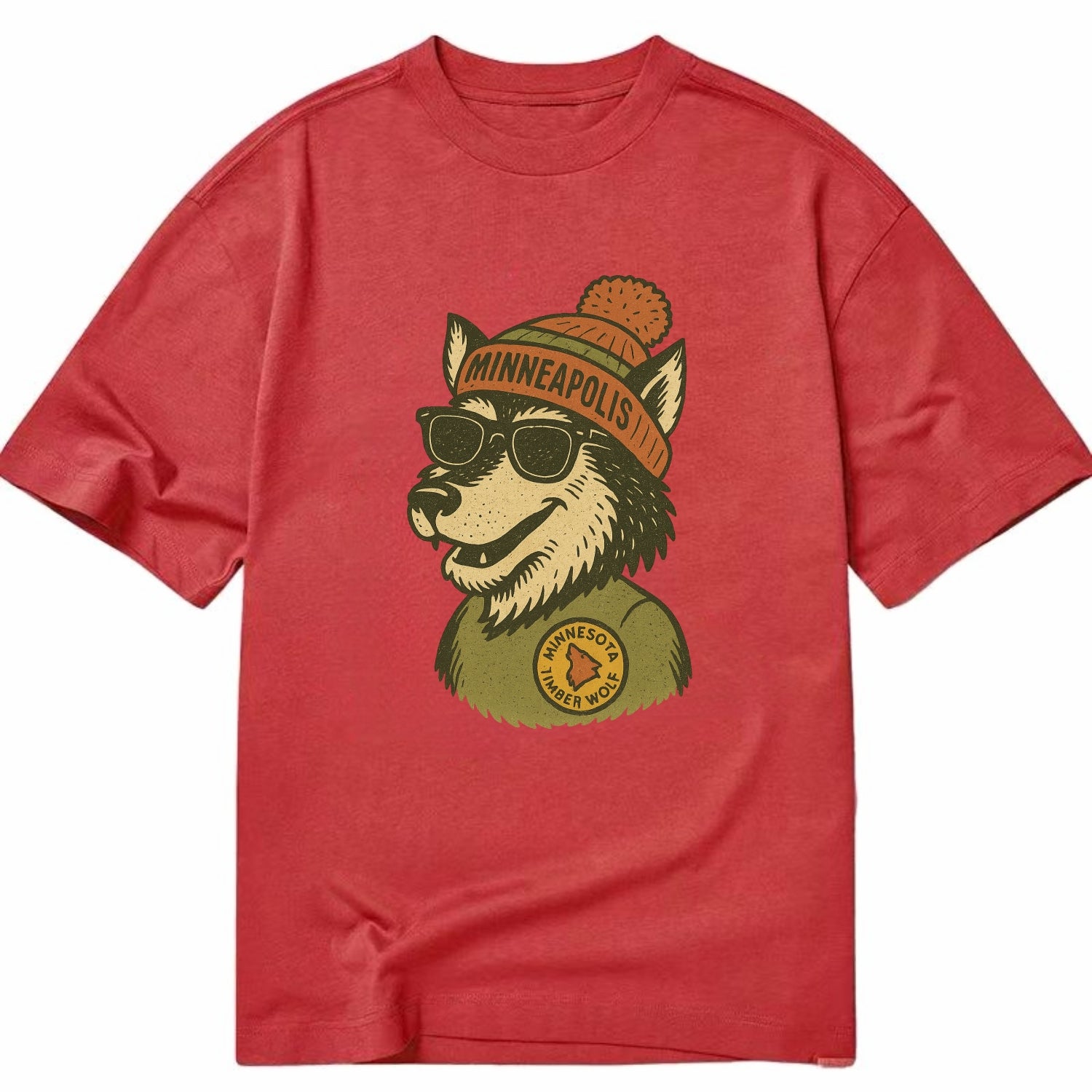 Minnesota Timber Wolf wearing Minneapolis beanie with pom pom and wayfarer - Classic T-shirt - Red