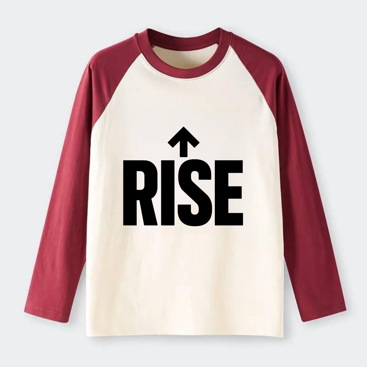 Bold typography design - "RISE" - getting up, ascending, elevating - Raglan Long Sleeve T-Shirt - Red