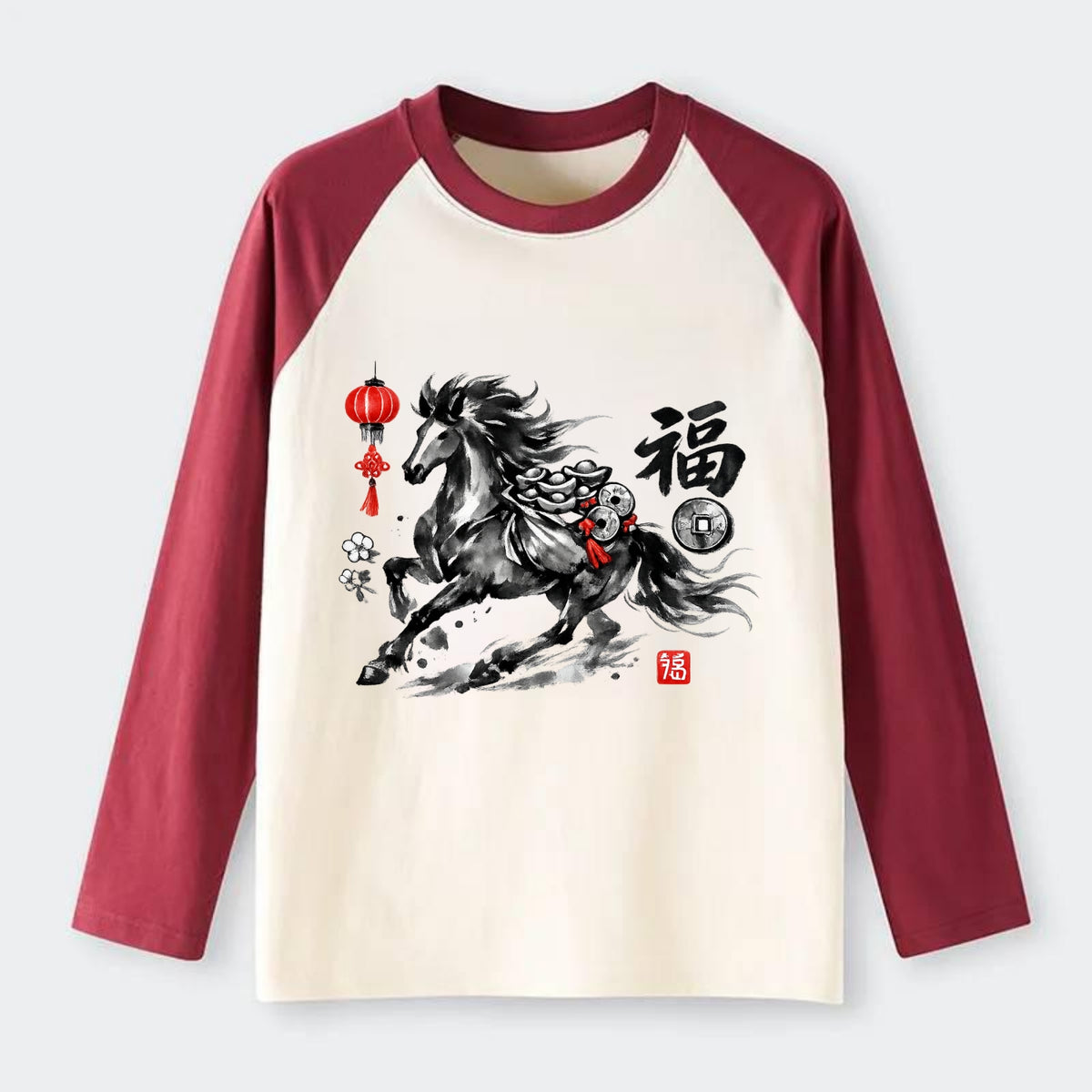 PROSPERITY HORSE | Horse carrying gold ingots and coins | Chinese knot - Raglan Long Sleeve T-Shirt - Red