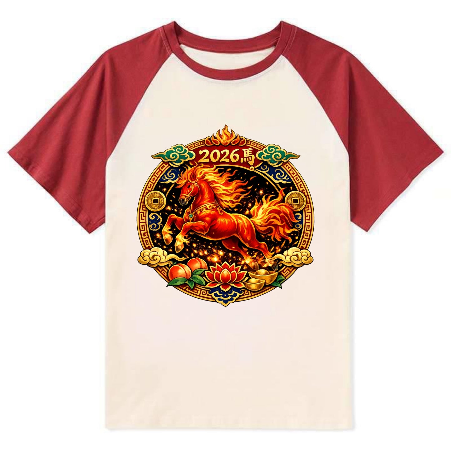 FIRE HORSE | Flaming mane and tail horse | Blazing orange and red colors - Contrast Raglan T-shirt - Red