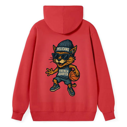 French Quarter Cat wearing Pelicans beanie with Mardi Gras patch and - Classic Pullover Hoodie - Red