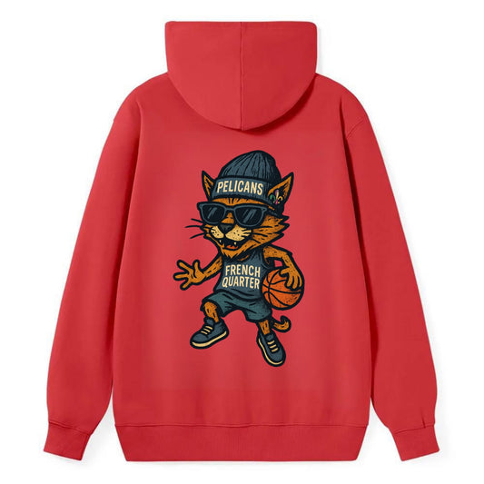 French Quarter Cat wearing Pelicans beanie with Mardi Gras patch and - Classic Pullover Hoodie - Red