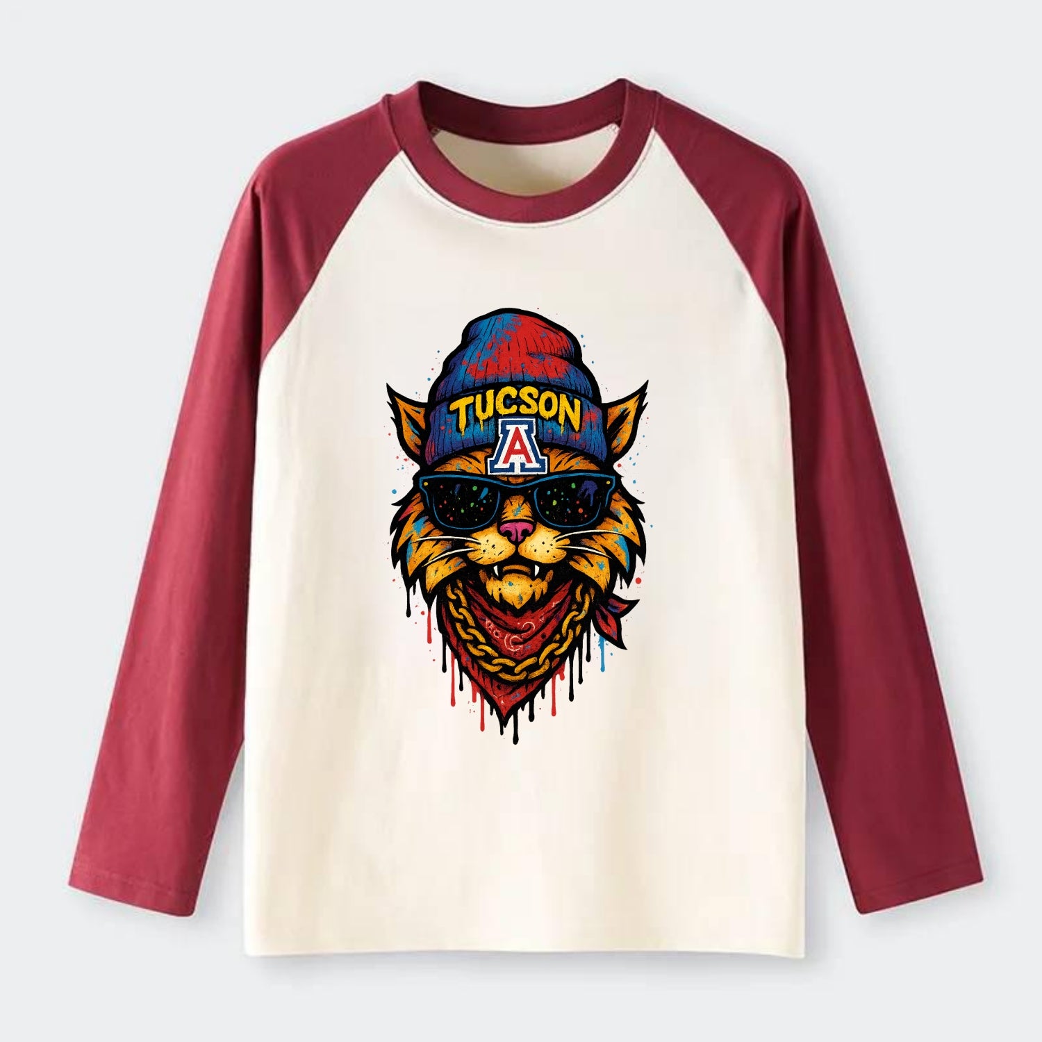 Tucson Wildcat wearing Arizona beanie with A patch - Raglan Long Sleeve T-Shirt - Red