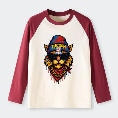 Tucson Wildcat wearing Arizona beanie with A patch - Raglan Long Sleeve T-Shirt - Red