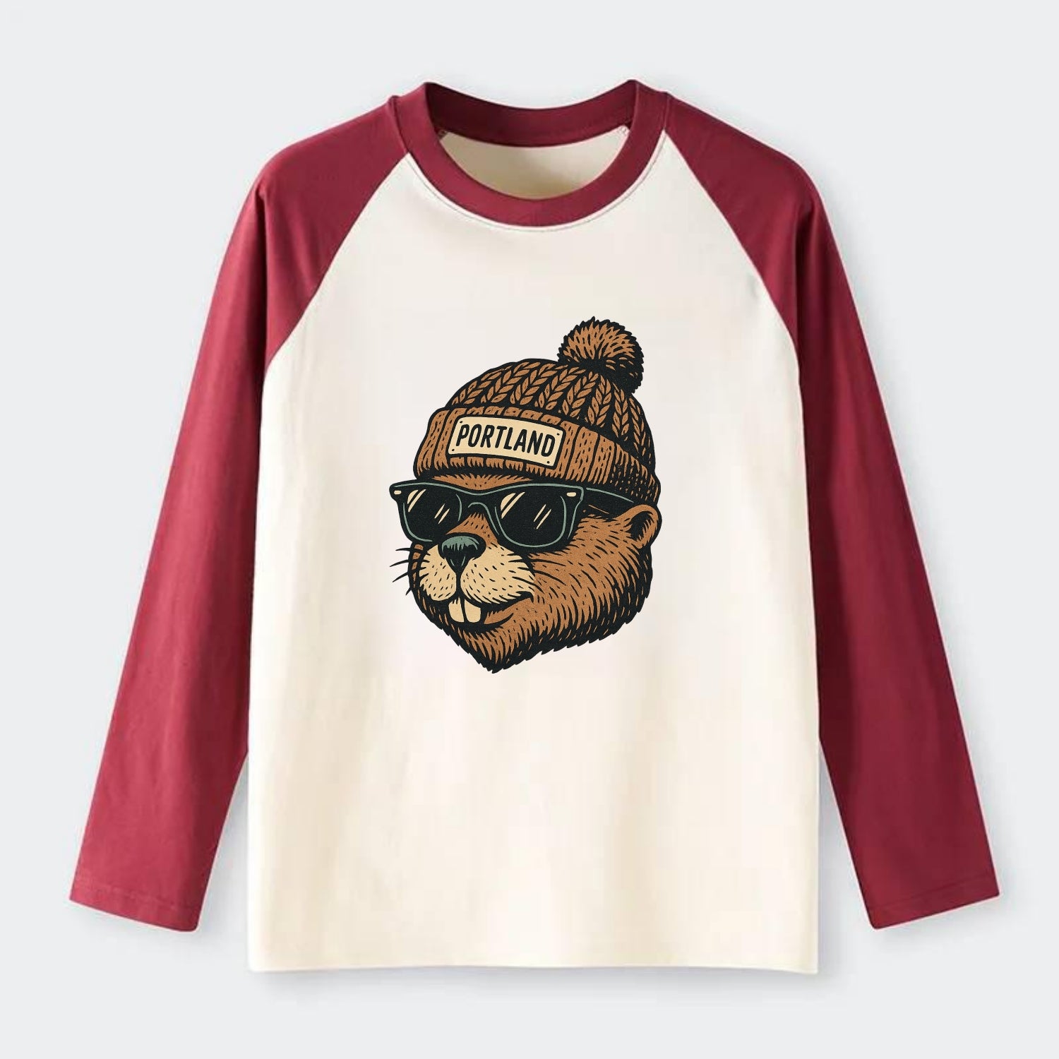 Portland Beaver wearing Portland beanie with pom pom and wayfarer - Raglan Long Sleeve T-Shirt - Red