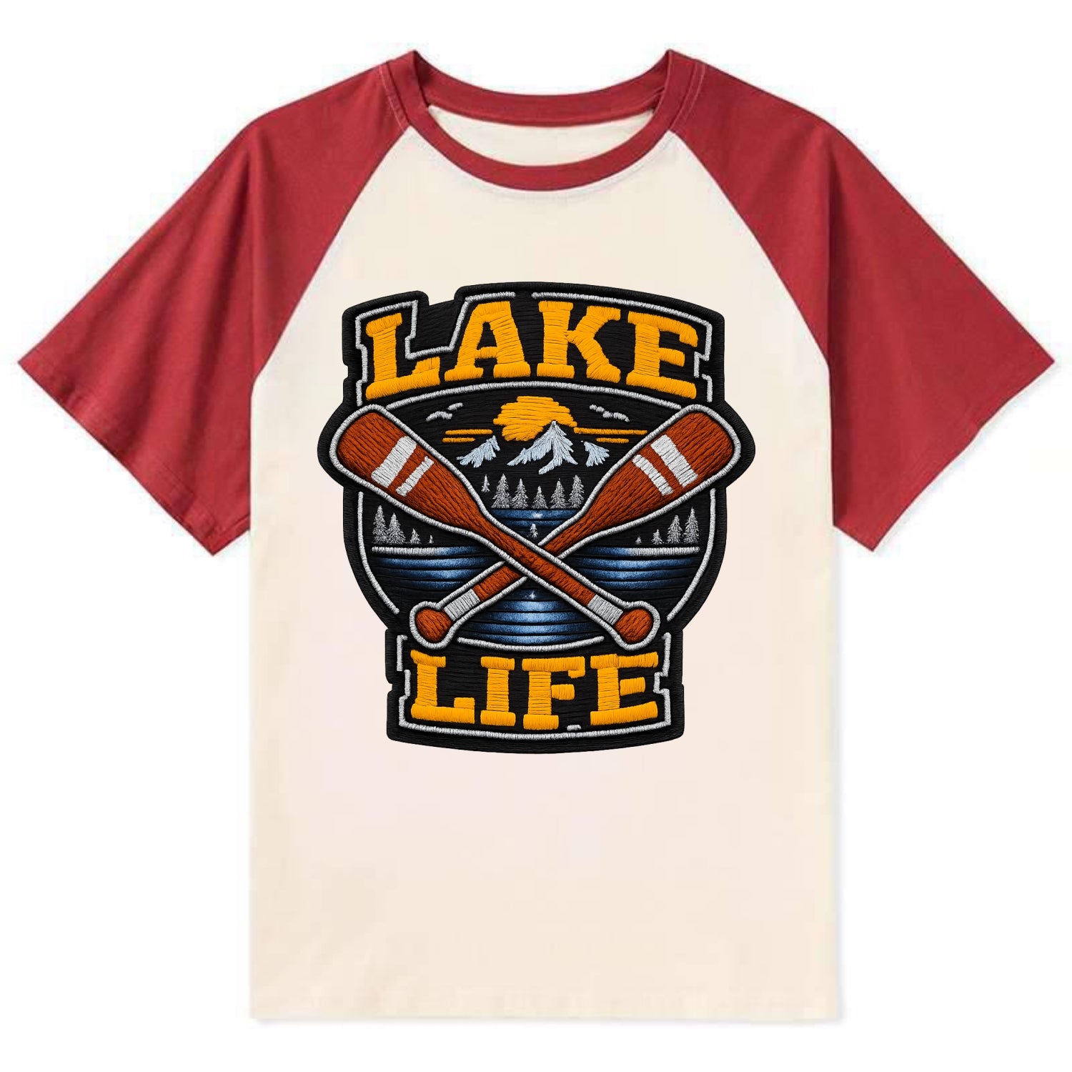 CANOE PADDLE - wooden paddle crossed in brown and cream , lake life - Contrast Raglan T-shirt - Red