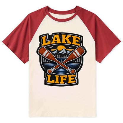 CANOE PADDLE - wooden paddle crossed in brown and cream , lake life - Contrast Raglan T-shirt - Red