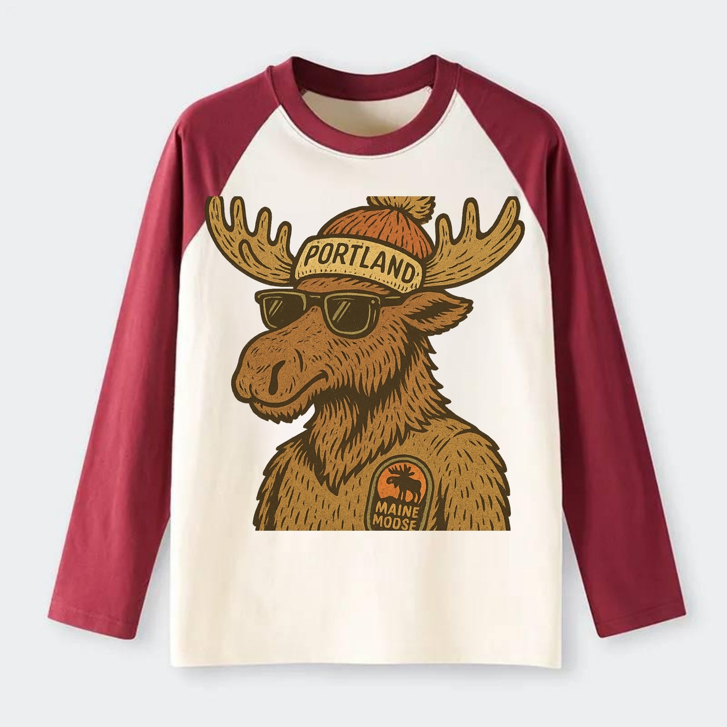 Maine Moose wearing Portland beanie with pom pom and wayfarer - Raglan Long Sleeve T-Shirt - Red