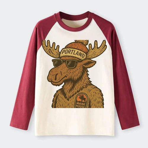 Maine Moose wearing Portland beanie with pom pom and wayfarer - Raglan Long Sleeve T-Shirt